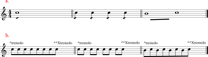 Kodowanie tremolo i tremolando w plikach xml: a. Symbole graficzne; b. Rozpisane dźwieki i notatki tekstowe.